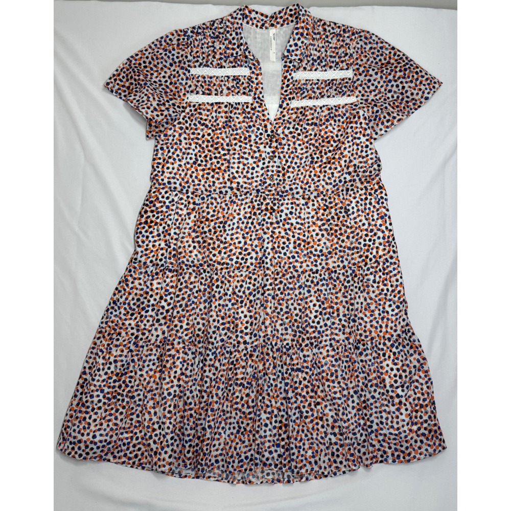 Anthropologie Georgina Tiered Shirtdress Polka Dot Orange Blue Pockets Size M